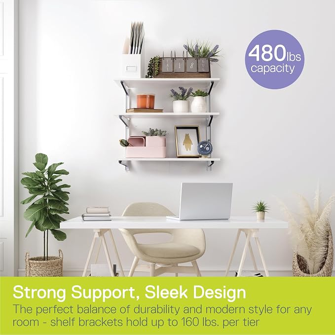 Delta Minimalistic White Shelf Brackets Cycle, Set of 6 Fully Adjustable 12-inch Heavy Duty Shelf Brackets, Holds Up to 480 lbs, Modern Shelf Bracket for Wood Shelves