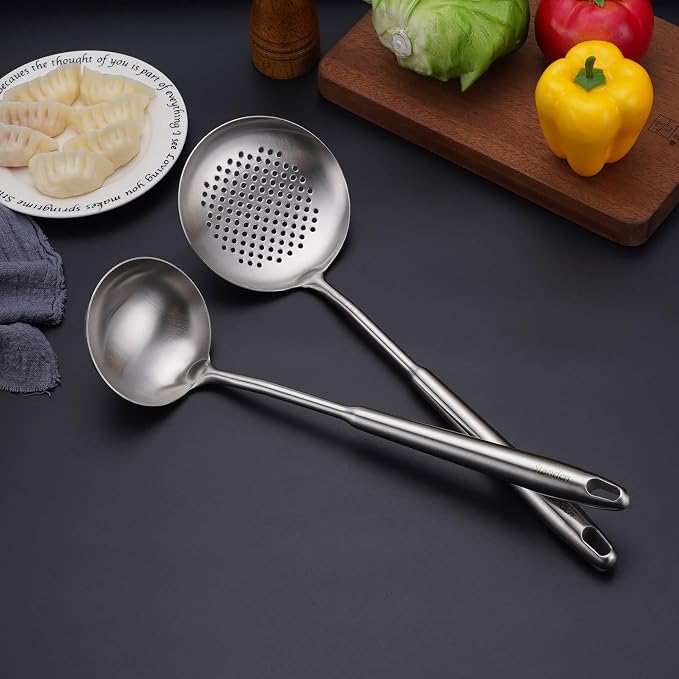 6 PCS All Metal Cooking Utensils Set - 18/10 Stainless Steel Kitchen Tools | Professional Cooking Spoons Set, 15" Spatula, Ladle, Skimmer Spoon, Pasta Serve, Large Spoon, Slotted Spatula Turner
