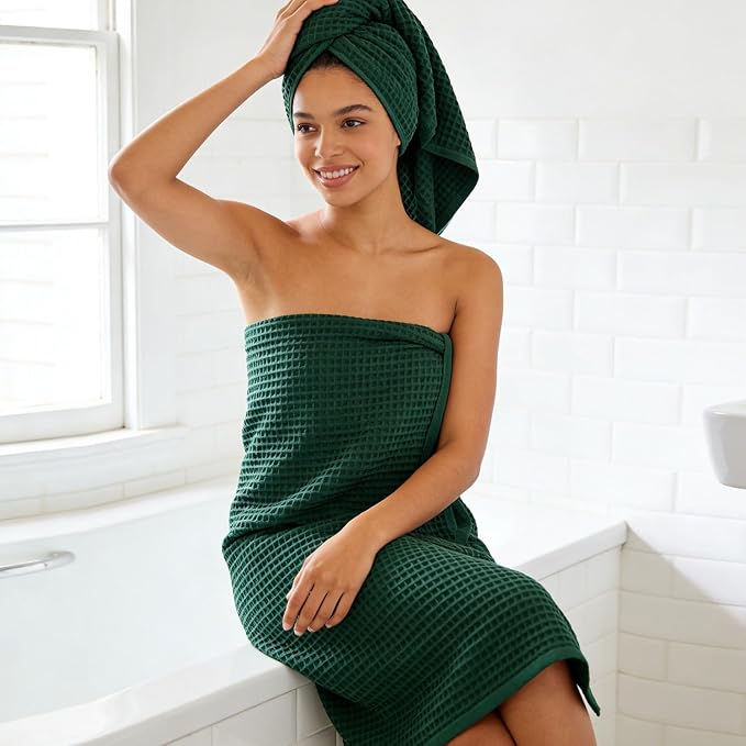 Waffle Bath Towels 2-Piece (Forest Green) - Cotton, Soft, Quick Dry | 31” x 62” Shower Towels for Bathroom Decor, Beach, Guest