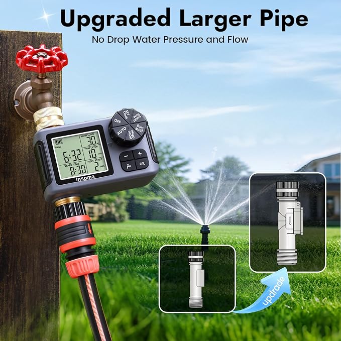 Water Timer for Garden Hose with 100% Brass Pipe, Programmable Sprinkler Controller for Garden Faucet with Auto/Manual/Rain Delay Mode, Irrigation Timers for Lawn, Yard, Outdoor Plants