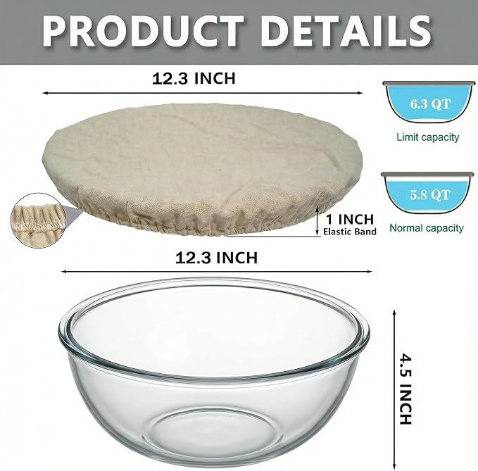 6.5 Quart Large Glass Mixing Bowl with Lid,Thickened Clear Large Salad Bowls Glass Big Mixing Bowls for Kitchen with Sourdough Starter Jar