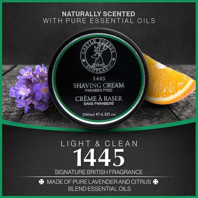 Castle Forbes 1445 Shaving Cream For Men, 6.8 fl.oz. | Moisturizing Smooth Shave Lather w/Essential Oils | Protects All Skin Types From Razor Burn & Irritation | Luxury Grooming & Beard Care