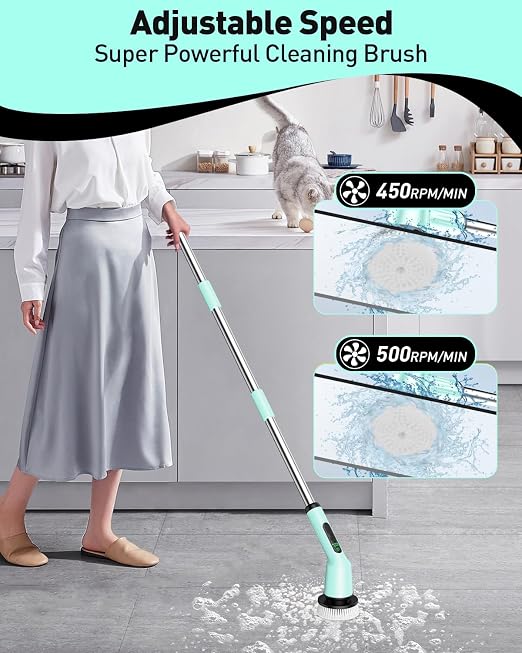 Shower Scrubber with Long Handle, Bathroom Cleaner Brush with 8 Floor Machine Pads, Cordless Electric Spin Scrubber for Cleaning with 2 Speed, Cleaning Supplies for Bathtub Kitchen Floor Mint
