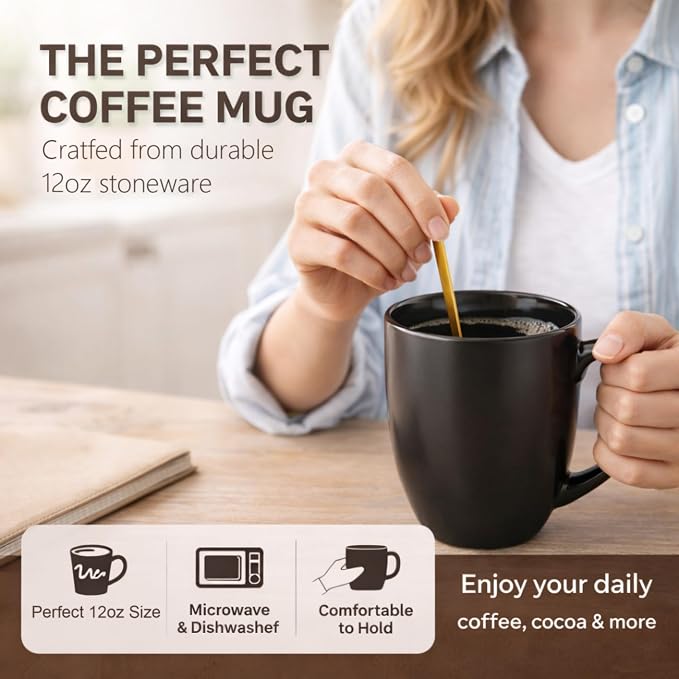 AmorArc 12oz Coffee Mugs Set of 6, Large Coffee Mugs for Men Women Dad Mom, Ceramic Coffee Cups with Large Handle for Tea/Latte/Cappuccino/Cocoa. Dishwasher&Microwave Safe, Matte Black