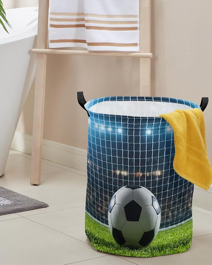 Collapsible Laundry Basket 60L, Football Storage Bin Laundry Hamper with Handles, Soccer Ball Sports Net Mesh Evening Match Waterproof Clothes Baskets for Bathroom/Bedroom 16.5 x 17 In