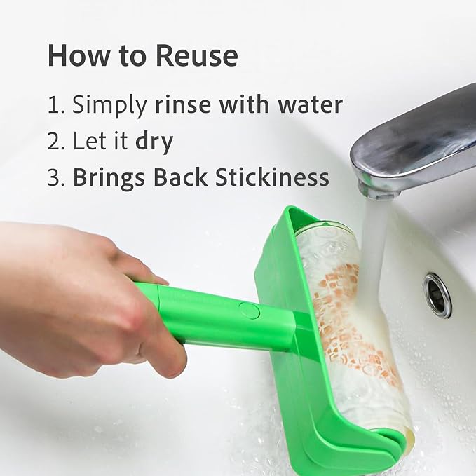 Eco Roll Cleaner-Washable lint Roller-Remover for Cat, Dog and Pet Hair - Extra Sticky Cleaner for Clothes, Carpet, Sofa, Car Seats-Reusable Lint Roller for Cleaning Bed, Floor, Furniture and Walls