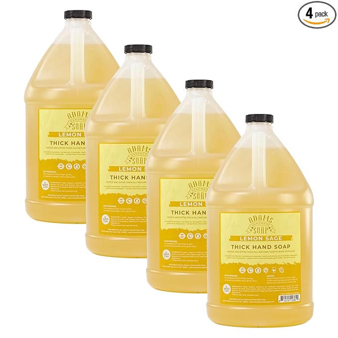 Adams Handmade Soap Thick Organic Castile Liquid Hand Soap 1 Gallon Refill - Lemon Sage (Pack of 4)