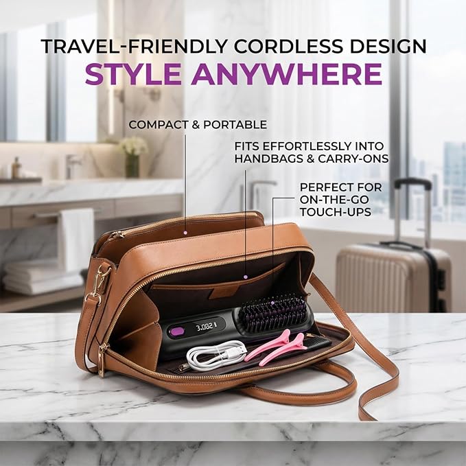 Hair Brush for Short Hair, Straightener Brushs for Travel (Purple) | LCD Temperature Display, Fast Heating Cordless Mini Hair Brushs