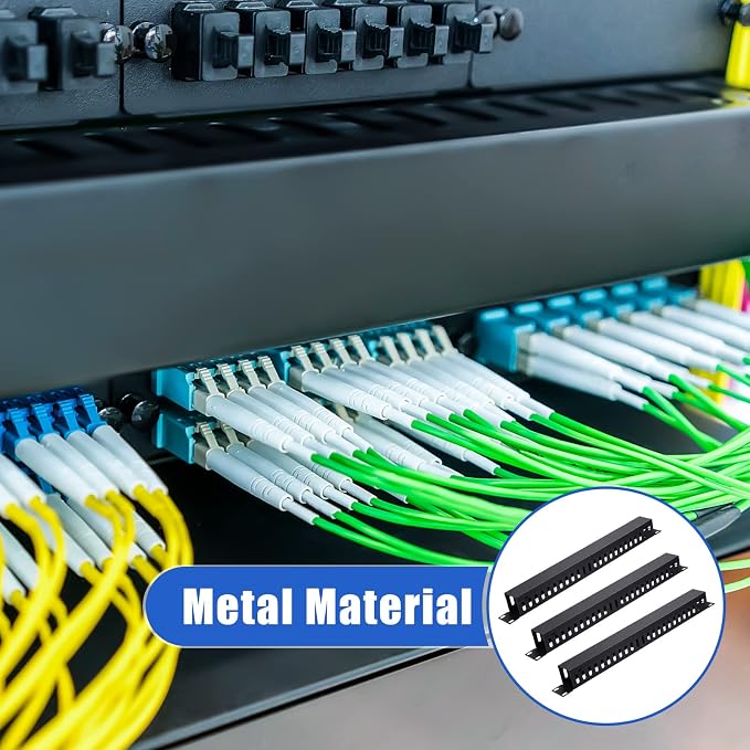 8 Pieces 19 Inch Cable Manager 1U 24 Slot Horizontal Server Rack Mount Cable Management Organizer Raceway Metal Finger Duct with Cover and Screw for Wire Network Wall Cord, Black