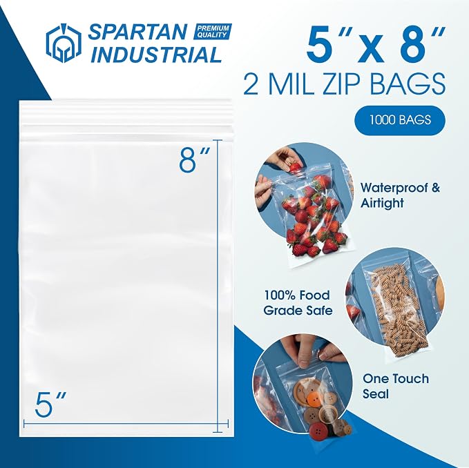 Spartan Industrial - 5” X 8” (1000 Count) 2 Mil Clear Reclosable Zip Plastic Poly Bags with Resealable Lock Seal Zipper
