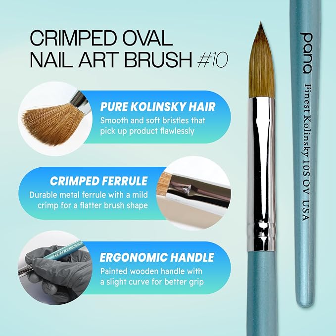 pana USA Acrylic Nail Brush100% Pure Kolinsky Hair New Teal Wood Handle with Silver Ferrule Oval Crimped Shaped Style (Size # 10)