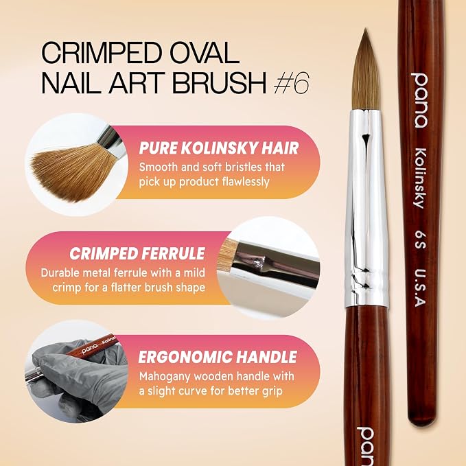PANA Pure Kolinsky Hair Bristles Acrylic Nail Brush Oval Crimped Shaped Mahogany Wood Handle Professional Salon Quality (Size 6, Mahogany)