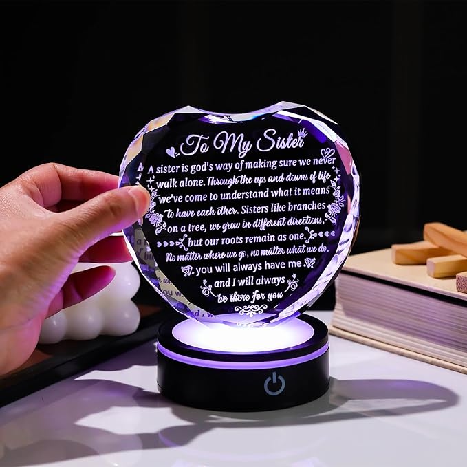 Arikyrist Sister Gift from Sister Brother on Birthday with Colorful LED Base, Crystal Heart Keepsake for Sisters Women - Mother's Day Valentine Gift Idea for Her