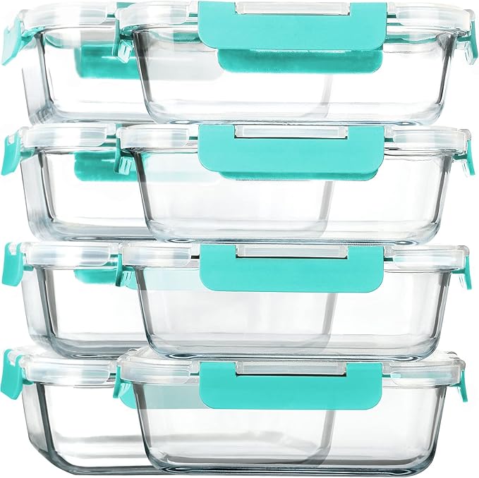 M MCIRCO 8 Pack,30 oz Glass Food Storage Containers with Lids, Green | Glass Meal Prep Containers,Airtight Lunch Containers with Lids, Microwave, Oven, Freezer and Dishwasher Friendly, BPA Free