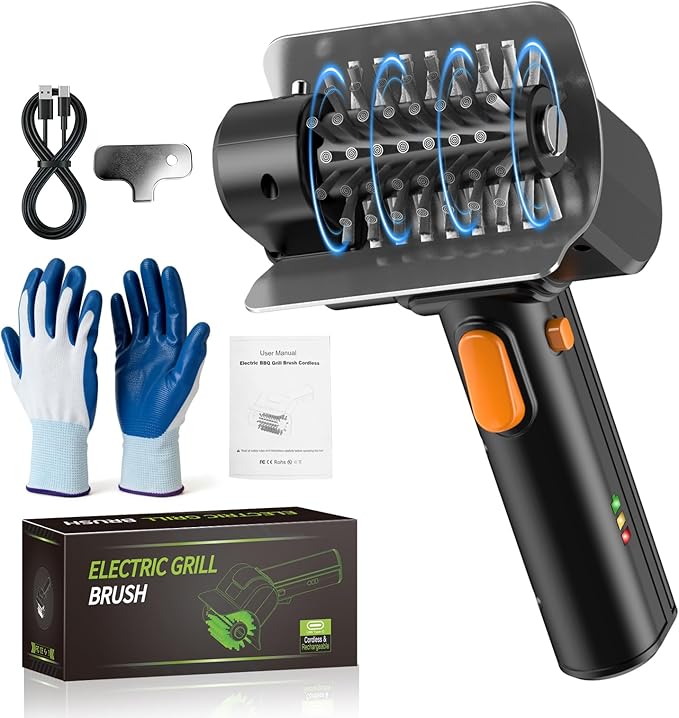 Electric Grill Brush with Dual Safety Lock - Ideal Gift for Men Dad Husband, Professional BBQ Cleaner with Submersible 304 SS Head, Splash-Proof Scrubber for Outdoor Grill (Orange Button)