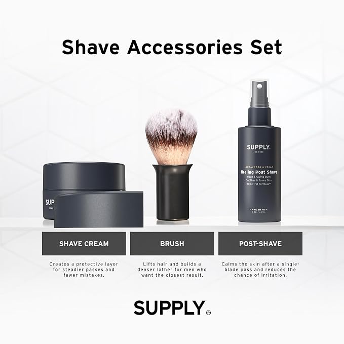 SUPPLY Men’s Shave Accessories Set – Ultra Lather Shaving Cream 3.4oz, Alcohol-Free Aftershave Spray 2 oz, and Synthetic Shaving Brush – Sandalwood Cedar/Matte Black