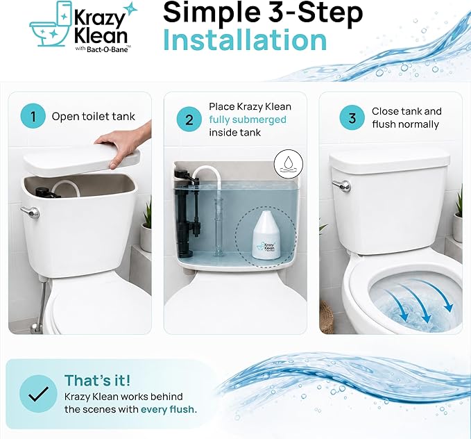 Krazy Klean Automatic Toilet Cleaner - Continuous Flush Cleaning System - Helps Reduce Buildup & Stains - Easy Install, No Daily Scrubbing - 1 Count
