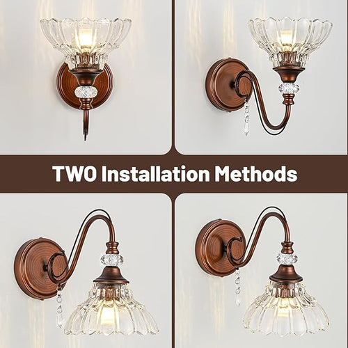 1 Piece Vintage Wall Sconce, 1-Light Matte Antique Red Bronze Finish Wall Sconce with Hanging Crystal Accents and Flower-Shaped Clear Shades for Bathroom Bedroom Living Room,Vintage Vanity Light