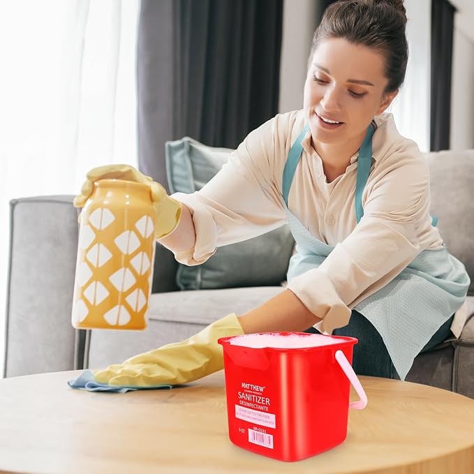 Matthew Detergent And Sanitizing Cleaning Bucket 3 Quart Plastic Pail,Set of 6 Square Containers,Built-In Spout w/Handle,Wash Rinse Sanitize Handwash Bucket for Home Office Commercial Restaurant (Red)