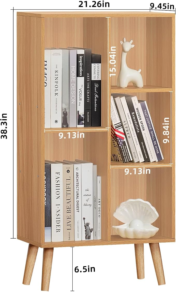 LEYAOYAO 5 Cube Bookshelf, Mid-Century Modern Book Shelf with Legs, Natural | 3 Tier Bookcase, Rustic Wood Bookshelves Freestanding Small Storage Organizer, Open Shelves for Bedroom, Living Room, Office