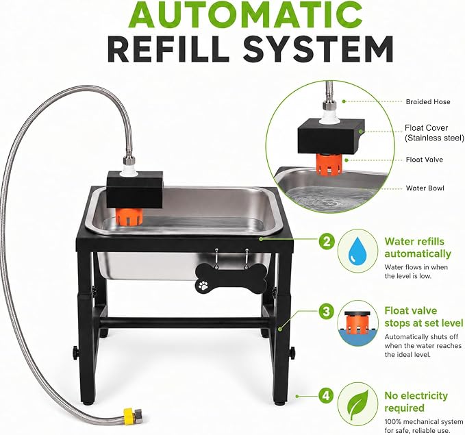 2 Gallon Elevated Large Dog Water Bowl, Automatic Dog Water Bowl Dispenser, 4 Adjustable Height Raised Dog Bowl Stand for Large Breed Relief Joint Pressure, Easy Clean for Indoor & Outdoor Uses