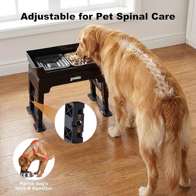 ZOMISIA Elevated Dog Bowls with No Spill Water Bowl, 6 Height Adjustable | 3-in-1 Dog Bowl Stand, Mess Proof Double Deck Design, 2 Stainless Steel Bowls, Licking Plate, For Small Medium Large Pets