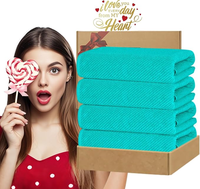 VOOVA & MOVAS Bath Towels 4PC, 100% Cotton, 30x56 in, Turquoise | Quick Dry, Thick, Soft, Absorbent, Luxury Shower Towels With Hanging Loops, Towel Gift Set