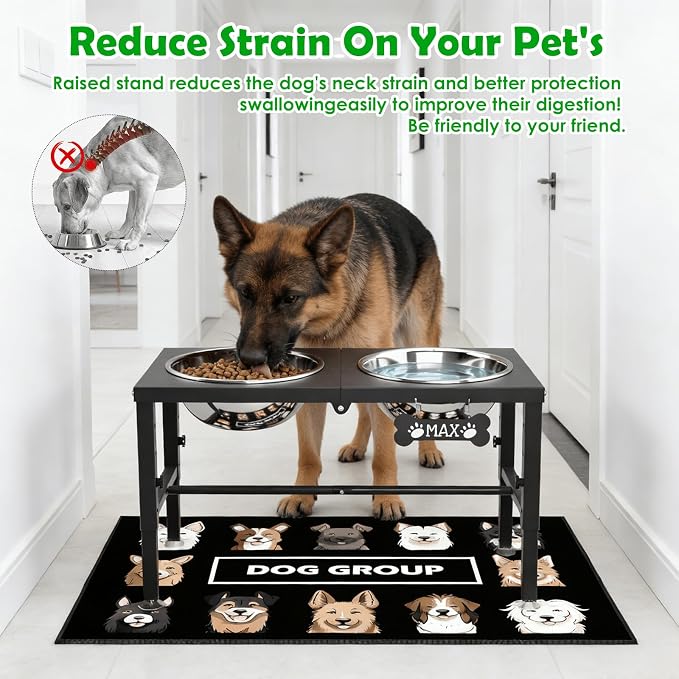 SHAINFUN Elevated Dog Bowls with Mat for Large & Extra Large Dogs, Raised Dog Bowl Stand with Two 101oz Stainless Steel Bowls, Tall Dogs Food Water Bowl Holder