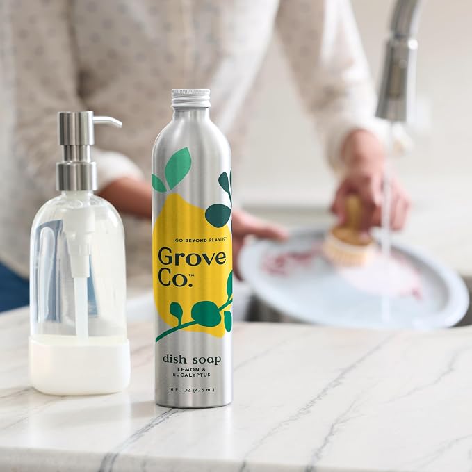 Grove Co. Dish Soap, 3 x 16 fl oz Refills + Refillable Glass Dispenser | Lemon & Eucalyptus; Plastic-Free; Reusable dispenser; Refill format; Removes Stuck on Food; 98% plant-based ingredients