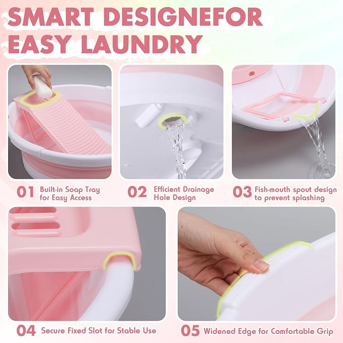 Lounsweer Large Collapsible Washboard Basin for Hand Washing Clothes with 2 Cleaning Brushes Portable Folding Laundry Tub with Non-Slip Washtub for Home Travel Camping (Pink)