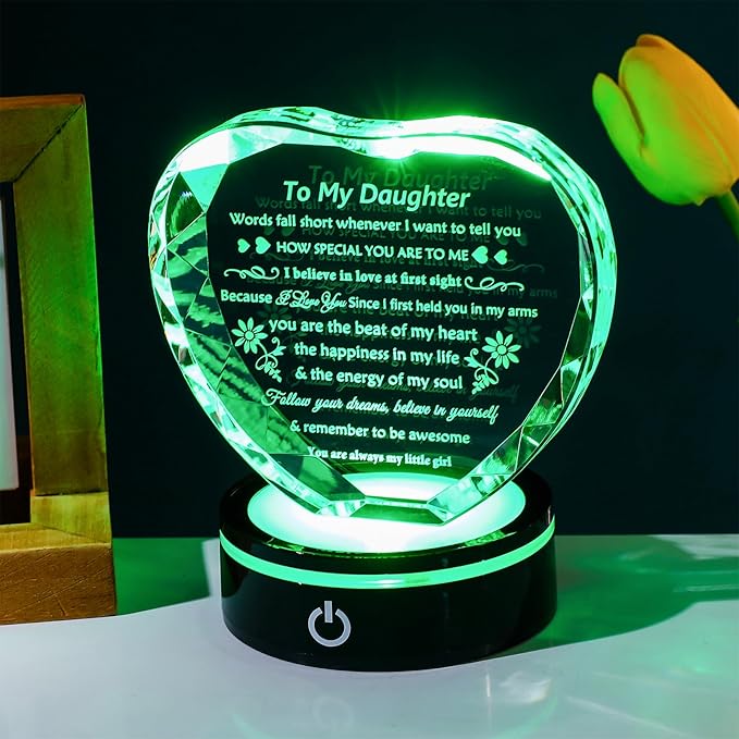 YWHL Daughter Gifts from Mom Dad Best Birthday Graduation Gifts Ideas for Adult Daughter Crystal Keepsake Present with Light Base Gift for Daughters on Christmas Valentines Mothers Day