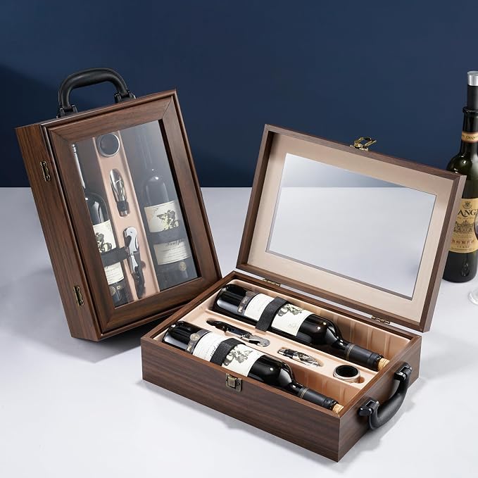 Wine Box, 2 Bottle Top Handle with 3 Accessory Gift for Wedding,Party,Gift,Birthday,Vintage Walnut wood Wine Storage Box for Home Bar Decor,Handmade Premium Carrier Case