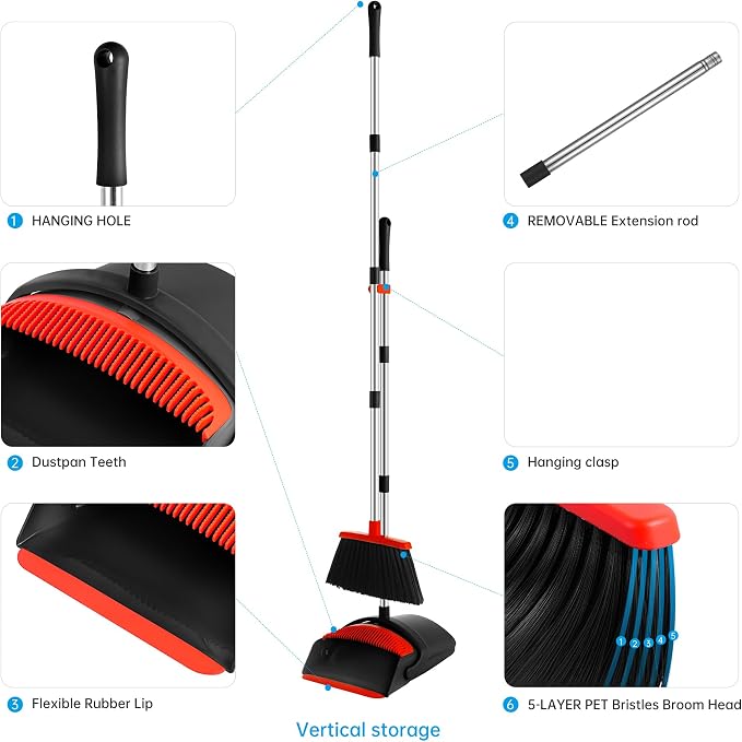 BSKLIN Broom and Dustpan Set for Home, 52" Long Handle Standing Broom Set with Dustpan Self-Cleaning Teeth for Hair Removal Heavy Duty Indoor Outdoor Sweeping Kit for Kitchen Garage (Black)