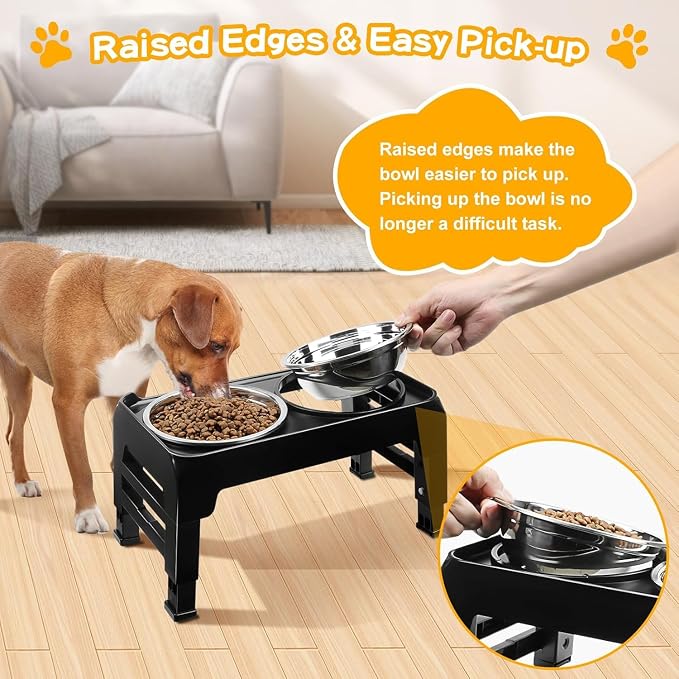 COMESOON Elevated Dog Bowls for Small Medium Dogs, 3 Height Adjustable Raised Stand with 2 Thick 6" Stainless Steel Food Bowls, Non-Slip Feeder Adjusts to 2.75", 6", 7.5", Black