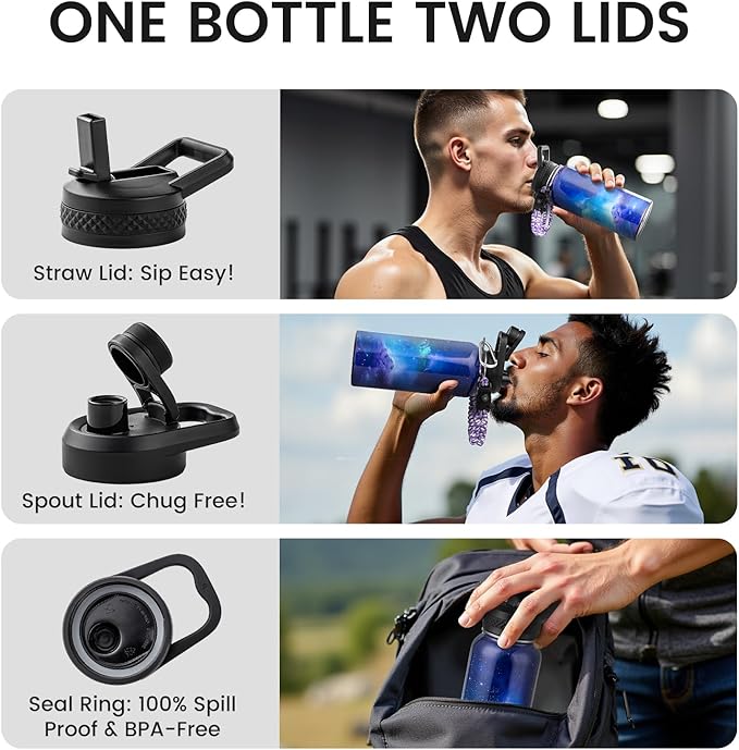 RAYMYLO Insulated Water Bottle 32 oz, Triple Wall Vacuum Stainless Steel (Cold for 24Hrs, Hot for 12Hrs), Leak Proof & Non-BPA, Modern Water Flask Jug with Paracord Handle & Straw Spout Lids