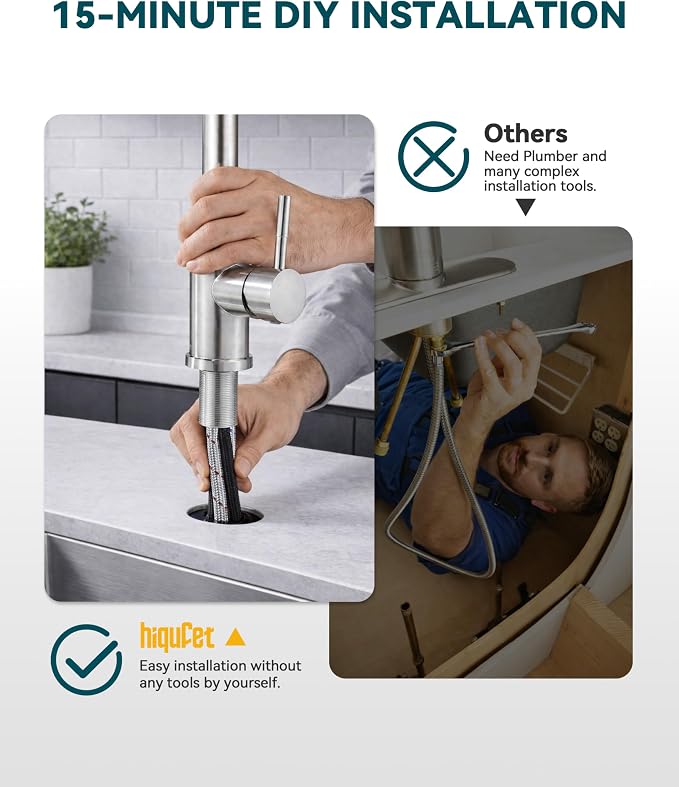 Hiqufet Kitchen Faucet, Pull Down Sprayer, Brushed Nickel | Easy Install, 360 Swivel, 3 Spray Modes, SUS304 Stainless Steel, Fits RV/Laundry/Bar Sinks, High Arc Touchless, Lead-Free