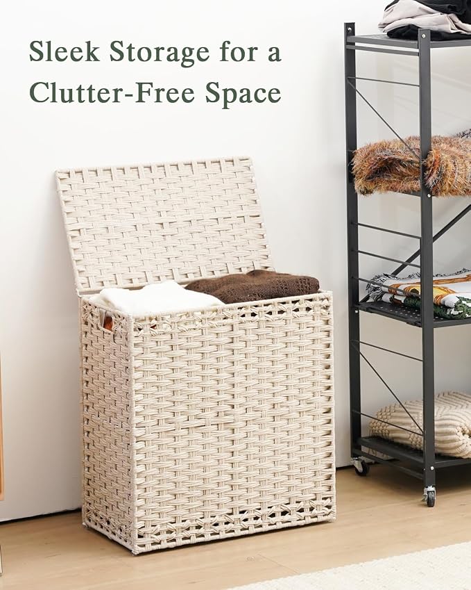 SETVSON Laundry Hamper with Lid PE Rattan Laundry Basket, Light Khaki | Decorative Furniture Look for Bathroom & Bedroom, 2-Section Large Wicker Hamper, 2 Cloth Bags, 6 Mesh Bags Included