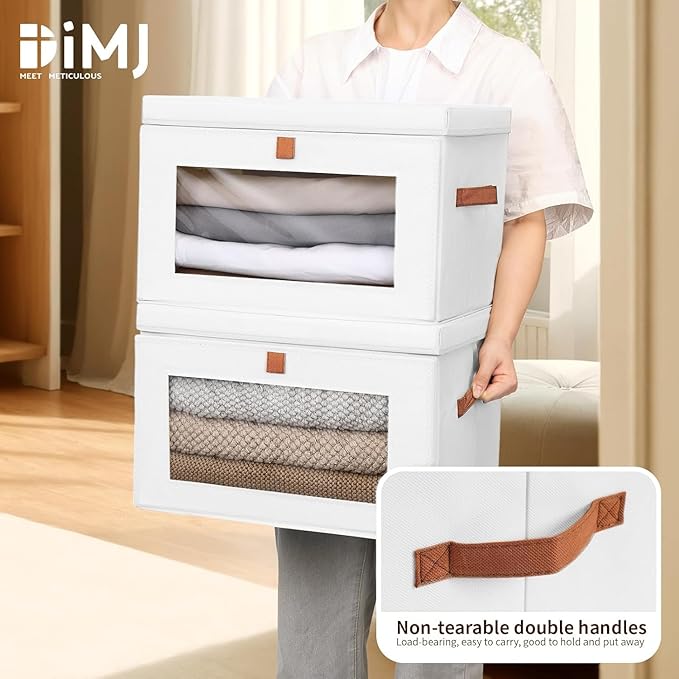 DIMJ Storage Bins with Lids - 8 Pack Large Fabric Closet Organizer with Window & Handles, Collapsible Decorative Storage Boxes for Shelves Under Bed, Books Clothes Blankets Sweaters Organization