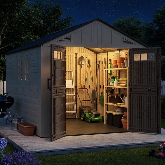 Aoxun 8x12 Ft Outdoor Storage Shed with Lighe & Floor, Large Resin Outdoor Shed with Lockable Door & Windows, Garden HDPE Sheds for Lawn Tools, Pool Supplies & Bikes
