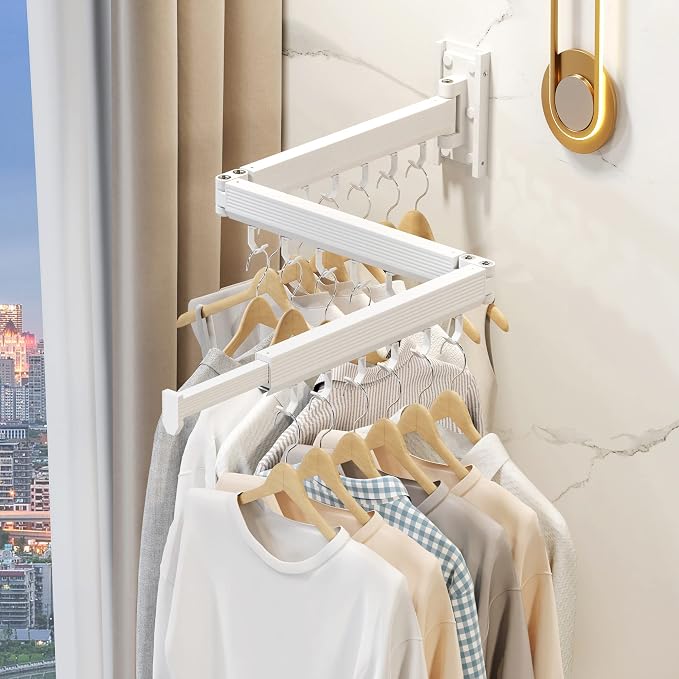 Wall Mounted Tri-Fold Clothes Drying Rack, Heavy Duty Collapsible Laundry Drying Rack, Space-Saving Retractable Foldable Drying Rack Clothes for Laundry Room Balcony Bathroom,White-Hooks