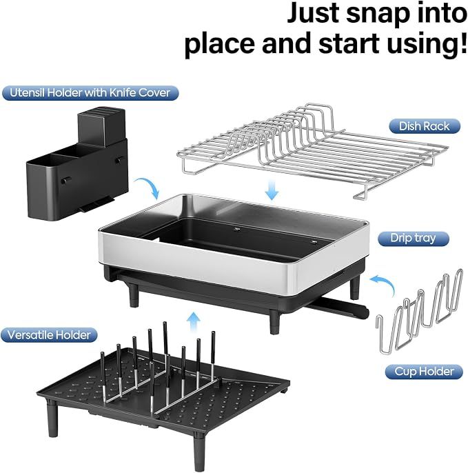 Urackify Expandable Dish Drying Rack, Stainless Steel, Large Capacity | Multifunctional Drainboard for Kitchen Countertop, Removable Cutlery Tray, Foldable Cup Holder, 20.4"L x 20"W, Silver