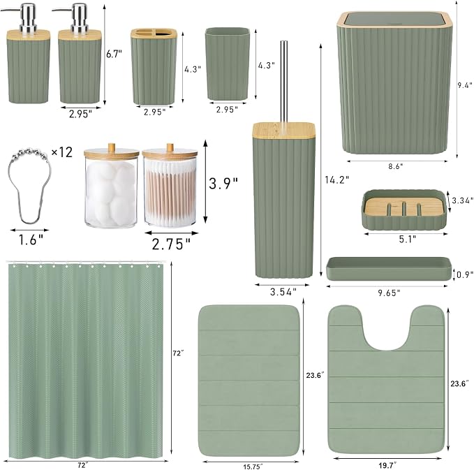 XLHOMO Bathroom Accessories Set - 25PC Sage Green Bathroom Set, Bathroom Set with Shower Curtain and Rugs, Green Shower Curtain Set, Toilet Brush, Bathroom Trash Can