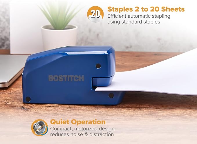 Bostitch Office Portable Electric Stapler, 20 Sheets, AC or Battery Powered, Includes 1250 Staples, Blue