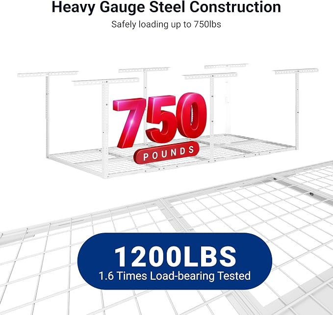 FLEXIMOUNTS 3x8 Overhead Garage Ceiling Storage Rack Organization, White | 750lbs Weight Capacity, 22"-40" Adjustable Organization System, Heavy-Duty Metal Ceiling Racks, Classic Series