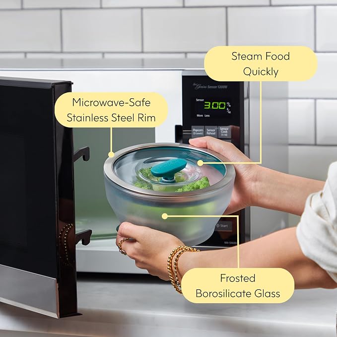 Anyday 4-Pc Microwave Cookware & Glass Food Storage Set, Medium (Blueberry) | Plastic-Free Containers, Stackable Steamer, Vented Lid, Reheating and Steaming Vegetables, Rice