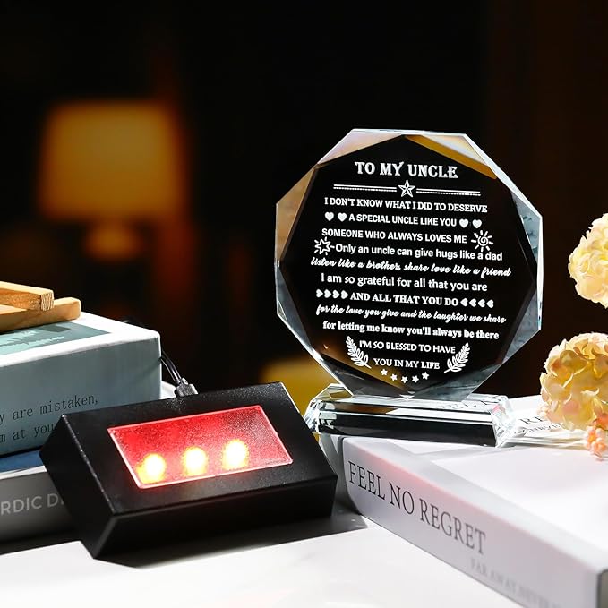 YWHL Meaningful Gifts for Uncle from Niece Nephew with Colorful LED Base, Fathers Day Birthday Gifts for Uncles Crystal Keepsake Present Best Uncle Ever Gifts on Christmas Thanksgiving Day
