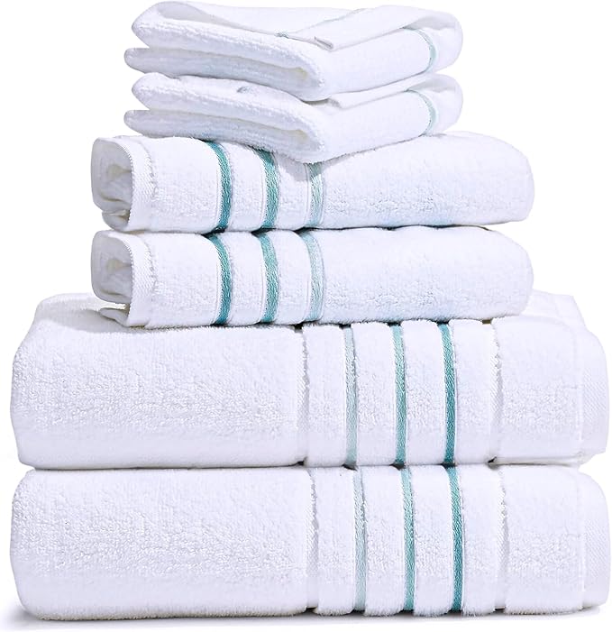 Bath Towels Set for Bathroom – Luxury 6-Piece Cotton Towels, Soft Absorbent & Quick Dry, 600 GSM Bath Towels for Bathroom, Hotel Spa Quality (White/Aqua Green, 4-Hand Towel Set)
