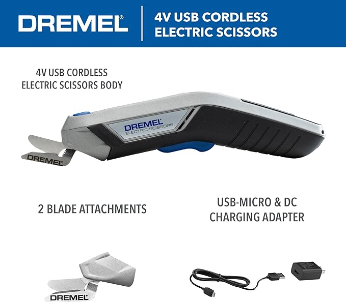 Dremel 4V Cordless Electric Scissors with USB Rechargeable Battery and Two Blade Attachments - Ideal for Cutting Cardboard, Fabric, and Paper, HSSC-01