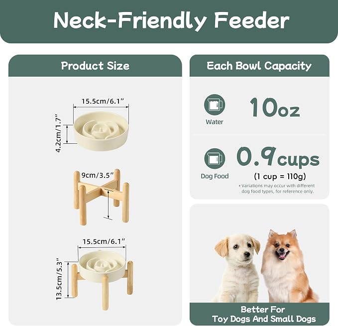 Havniva Elevated Slow Feeder Dog Bowls, Ceramic Dog Bowl Slow Feeder | 0.9 Cups Raised Slow Feeding Bowl for Small Breed, Puzzle Dog Food Bowl with Wooden Stand, Non-Slip, Anti-Choking