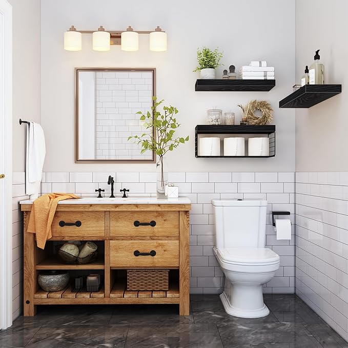 QEEIG Bathroom Shelves Over Toilet - Wall Mounted Floating Shelves Toilet Paper Storage Small Farmhouse Decor Shelf 16 inch Set of 3, Black (019-B3)